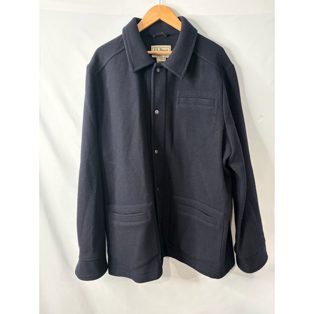 LL Bean Mens XXL Tall Navy Blue 100% Wool Snap Front Shirt Jacket Field Coat